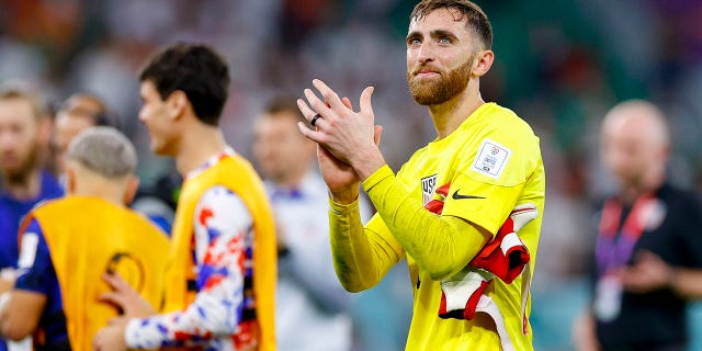 Goalkeeper Matt Turner gestures after the FIFA World Cup match against Iran on Nov. 29, 2022, in Doha, Qatar.