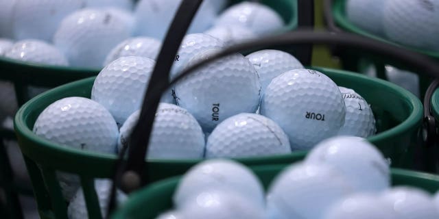 Golf balls on the driving range for the PGA Tour Championship on Aug. 25, 2022, at East Lake Golf Club in Atlanta, Georgia.