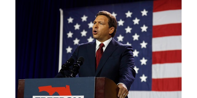 Florida Gov. Ron DeSantis gives a victory speech after defeating Democratic gubernatorial candidate Rep. Charlie Crist during his election night watch party at the Tampa Convention Center on November 8, 2022 in Tampa, Florida. DeSantis was the projected winner by a double-digit lead. 