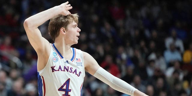 Kansas's Gradey Dick reacts to a three pointer during the second half of a first-round college basketball game in the NCAA Tournament Thursday, March 16, 2023, in Des Moines, Iowa. 
