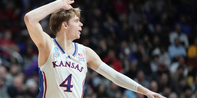 Kansas' Gradey Dick reacts to a three pointer during the second half of a first round college basketball game in the NCAA Tournament on Thursday, March 16, 2023, in Des Moines, Iowa. 