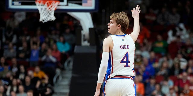 Kansas guard Gradey Dick reacts after a teammate's three-pointer in the second half of a first-round college basketball game against Howard in the NCAA Tournament, Thursday, March 16, 2023. , in Des Moines, Iowa. 