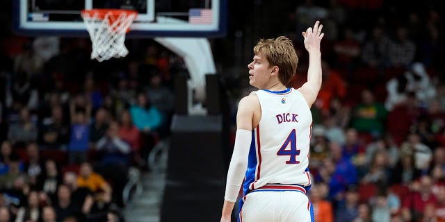 Kansas guard Gradey Dick reacts after a teammate's three-pointer in the second half of a first-round college basketball game against Howard in the NCAA Tournament, Thursday, March 16, 2023. , in Des Moines, Iowa. 