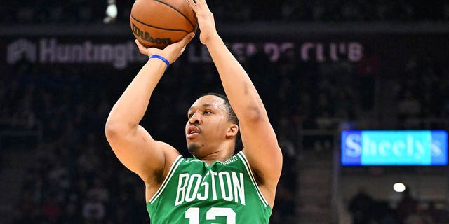 Grant Williams, #12 of the Boston Celtics, shoots during the second quarter against the Cleveland Cavaliers at Rocket Mortgage Fieldhouse on March 6, 2023 in Cleveland.