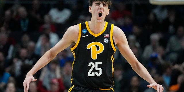 Pittsburgh's Guillermo Diaz Graham reacts after hitting a 3-point shot against Mississippi State during the first half of a First Four game against Mississippi State in the NCAA men's college basketball tournament Tuesday, March 14, 2023, in Dayton, Ohio.
