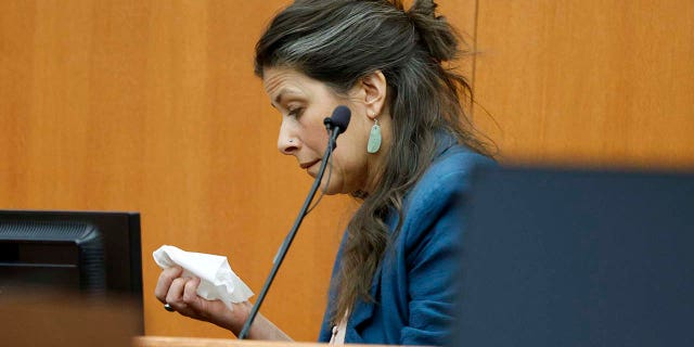 Polly Grasham, daughter of Terry Sanderson, reacts to questioning in court Thursday, March 23, 2023, in Park City, Utah.