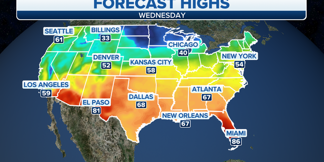 Forecast high temperatures across the U.S.