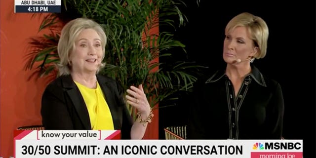 Former Secretary of State Hillary Clinton and MSNBC host Mika Brzezinski speak at the Forbes 30/50 Summit in the United Arab Emriates.