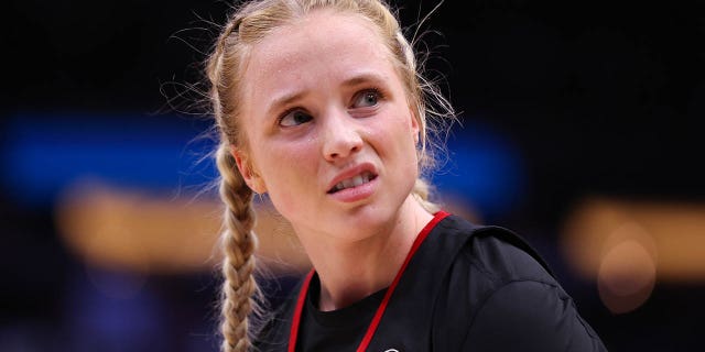 Hailey Van Lith of the Louisville Cardinals reacts during the Elite Eight round of the NCAA Women's Basketball Tournament against the Iowa Hawkeyes at Climate Pledge Arena on March 26, 2023, in Seattle, Washington.