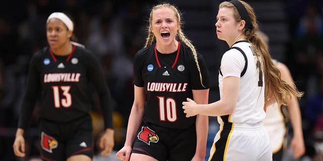 Hailey Van Lith of the Louisville Cardinals reacts during the Iowa Hawkeyes game in the NCAA Women's Basketball Tournament on March 26, 2023 in Seattle.