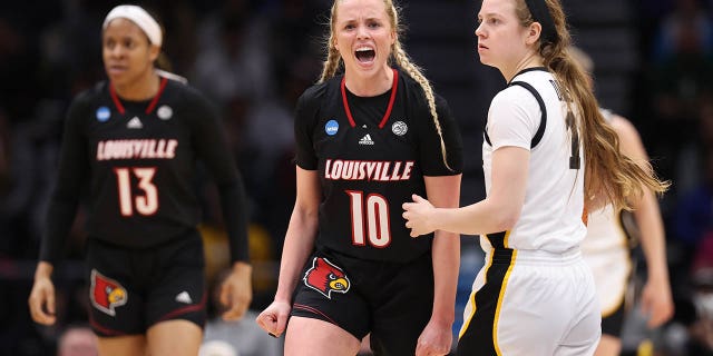 Hailey Van Lith of the Louisville Cardinals reacts during the Iowa Hawkeyes game in the NCAA Women's Basketball Tournament on March 26, 2023 in Seattle.