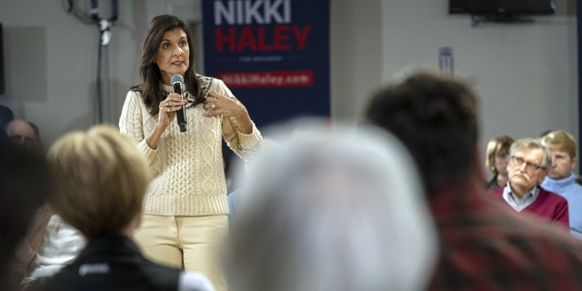 Nikki Haley, former ambassador to the United Nations, speaks during a town hall campaign event in Salem, New Hampshire, on Tuesday.