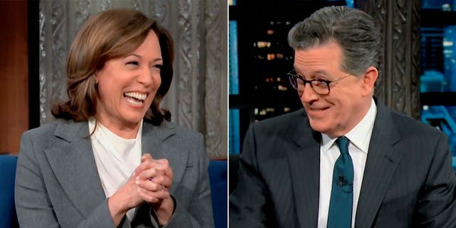 Vice President Kamala Harris awkwardly laughs after "Late Show" host Stephen Colbert called her out for not answering his question about what the "actual role" of a vice president is.