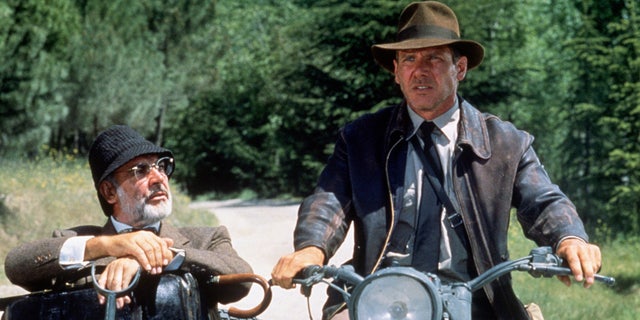 Harrison Ford and Sean Connery filming a scene for "The Last Crusdae" on a motorcycle
