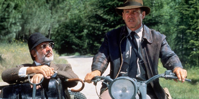 Harrison Ford and Sean Connery filming a scene for "The Last Crusdae" on a motorcycle