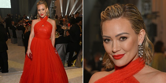 Hilary Duff stuns in a red dress at the Elton John Aids Foundation Oscars watch party.