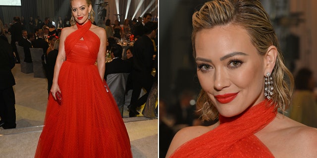 Hilary Duff stuns in a red dress at the Elton John Aids Foundation Oscars watch party.