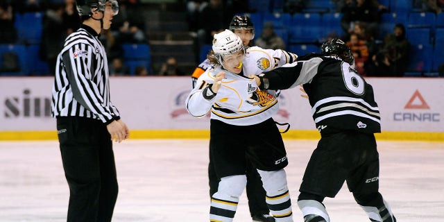 Tommy Veilleux (17) of the Victoriaville Tigres and Julien Carrignan-Labe (6) of the Drummondville Voltigeurs fight during a QMJHL game at the Centre Marcel Dionne March 9, 2014, in Drummondville, Quebec, Canada.