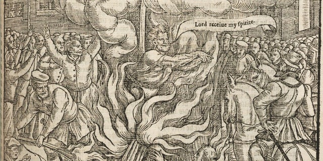 Illustration showing the "burnyng of John Rogers" from "Acts and monuments," better known as Foxe's book of martyrs, 1503