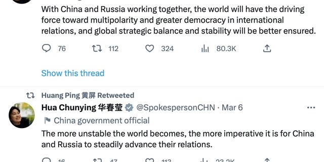 Huang Ping, who has been the consul general of China's New York Consulate since 2018, retweeted Chinese Foreign Ministry spokesperson and Assistant Foreign Affairs Minister Hua Chunying, who called on China and Russia to work closer together.