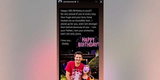 Jeremy Renner shared a sweet message for his daughter Ava Berlin Renner's 10th birthday.