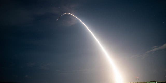 A medium range ballistic missile target is launched from the Pacific Missile Range Facility in Kauai, Hawaii, as part of the U.S. Missile Defense Agency's Flight Test Aegis Weapon System 31 Event 1a held on March 30, 2023, in cooperation with the U.S. Navy.