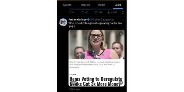 Sydney Barron Gallego, the wife of Rep. Ruben Gallego, D-Ariz., "liked" a tweet by her husband criticizing Sen. Kyrsten Sinema's, I-Ariz., support for a 2018 bill he blamed for the collapse of Silicon Valley Bank last week, despite her employer lobbying in support of the bill.