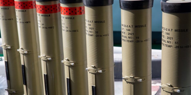 Anti-tank guided missile tubes that were found by U.K. forces on the boat in the Gulf of Oman.