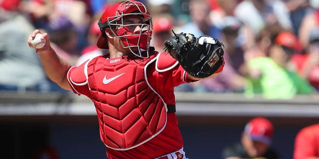 Philadelphia Phillies Catcher J.T. Realmuto (10) throws the ball down to second base during the spring training game between the Philadelphia Phillies and the Detroit Tigers on March 23, 2023 at BayCare Ballpark in Clearwater, Florida.