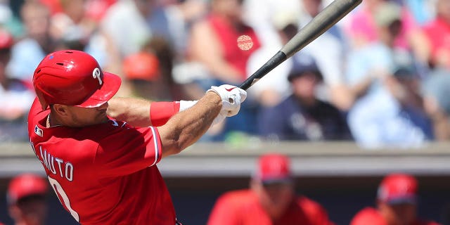 Philadelphia Phillies catcher JT Realmuto (10) at bat during the spring training game between the Philadelphia Phillies and the Detroit Tigers on March 23, 2023 at BayCare Ballpark in Clearwater, Florida.