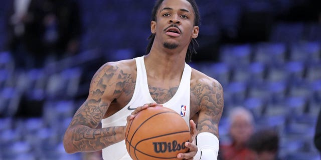 Ja Morant of the Memphis Grizzlies warms up before a game against the Chicago Bulls at FedEx Forum Feb. 7, 2023, in Memphis.