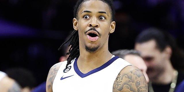 Ja Morant of the Memphis Grizzlies reacts during the 76ers game at the Wells Fargo Center on February 23, 2023 in Philadelphia.