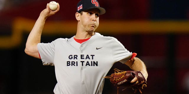 Jake Esch, #67 of Team Great Britain, pitches during Game 2 of Pool C between Team Great Britain and Team USA at Chase Field on Saturday, March 11, 2023 in Phoenix.