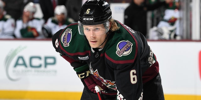 Jakob Chychrun of the Arizona Coyotes gets ready during a face-off against the Minnesota Wild at Mullett Arena Feb. 6, 2023, in Tempe, Ariz.