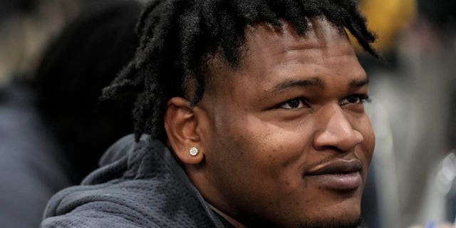 Georgia defensive lineman Jalen Carter speaks during media day ahead of the national championship NCAA College Football Playoff game between Georgia and TCU, Saturday, Jan. 7, 2023, in Los Angeles.