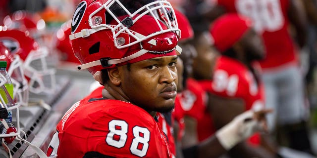 El liniero defensivo de los Georgia Bulldogs, Jalen Carter (88), contra los TCU Horned Frogs durante el juego de campeonato nacional de la CFP en el SoFi Stadium en Inglewood, California, el 9 de enero de 2023.
