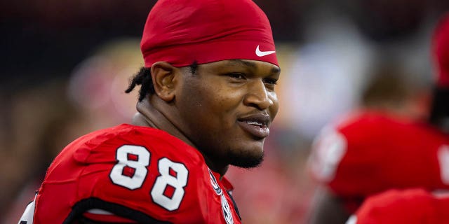 Georgia Bulldogs defensive lineman Jalen Carter, #88, against the TCU Horned Frogs during the CFP national championship game at SoFi Stadium in Inglewood, California, Jan. 9, 2023.