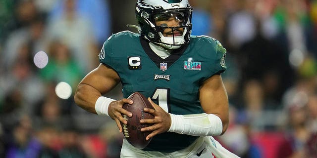 Jalen Hurts, #1 of the Philadelphia Eagles, scrambles against the Kansas City Chiefs after Super Bowl LVII at State Farm Stadium on Feb. 12, 2023 in Glendale, Arizona.