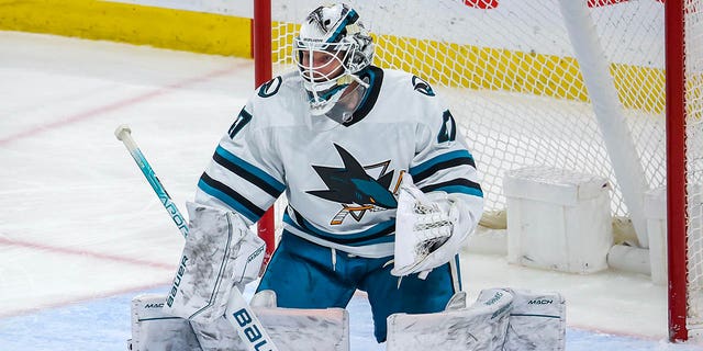 Goaltender James Reimer of the San Jose Sharks guards the net during the Jets game at Canada Life Centre on March 6, 2023, in Winnipeg, Canada.
