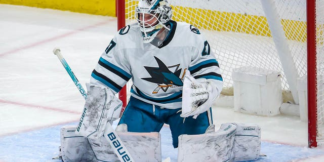 Goaltender James Reimer of the San Jose Sharks guards the net during the Jets game at Canada Life Centre on March 6, 2023, in Winnipeg, Canada.