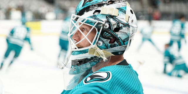 Sharks' James Reimer skates during Nashville Predators pregame warmups at the SAP Center on February 23, 2023 in San Jose, California.