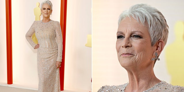 Jamie Lee Curtis walks the red carpet at the 2023 Academy Awards wearing sheer Dolce &amp; Gabbana dress.