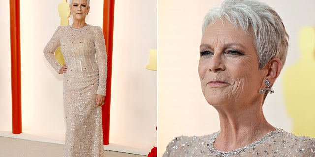 Jamie Lee Curtis walks the red carpet at the 2023 Academy Awards wearing sheer Dolce &amp; Gabbana dress.