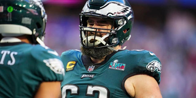Jason Kelce, #62 of the Philadelphia Eagles, warms up against the Kansas City Chiefs prior to Super Bowl LVII at State Farm Stadium on Feb. 12, 2023 in Glendale, Arizona.