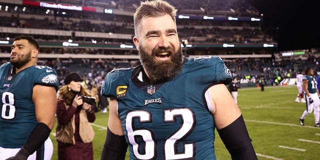 Jason Kelce, #62 of the Philadelphia Eagles, celebrates on the field after defeating the New York Giants 38-7 in the NFC Divisional Playoff game at Lincoln Financial Field on Jan. 21, 2023 in Philadelphia.