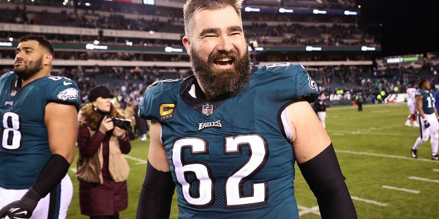 Jason Kelce, #62 of the Philadelphia Eagles, celebrates on the field after defeating the New York Giants 38-7 in the NFC Divisional Playoff game at Lincoln Financial Field on Jan. 21, 2023 in Philadelphia.