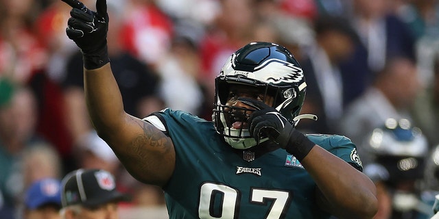 Javon Hargrave of the Philadelphia Eagles reacts after a play against the Kansas City Chiefs during Super Bowl LVII at State Farm Stadium on Feb. 12, 2023, in Glendale, Arizona.