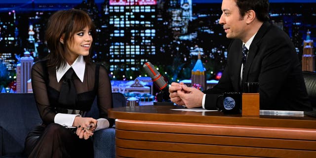 Jenna Ortega channels Wednesday Addams' style during an appearance on "The Tonight Show Starring Jimmy Fallon."