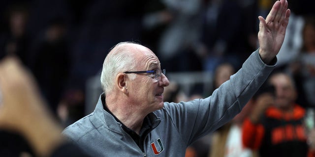 Head coach Jim Larranaga of the Miami Hurricanes reacts after defeating the Indiana Hoosiers during the second round of the NCAA Men's Basketball Tournament at MVP Arena on March 19, 2023, in Albany, New York. Miami defeated Indiana 85-69.