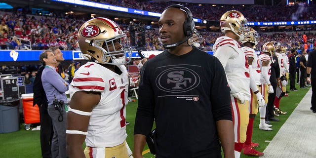 Jimmie Ward, #1, and San Francisco 49ers defensive coordinator DeMeco Ryans on the sidelines during the game against the Los Angeles Rams at SoFi Stadium on Jan. 30, 2022 in Inglewood, California.